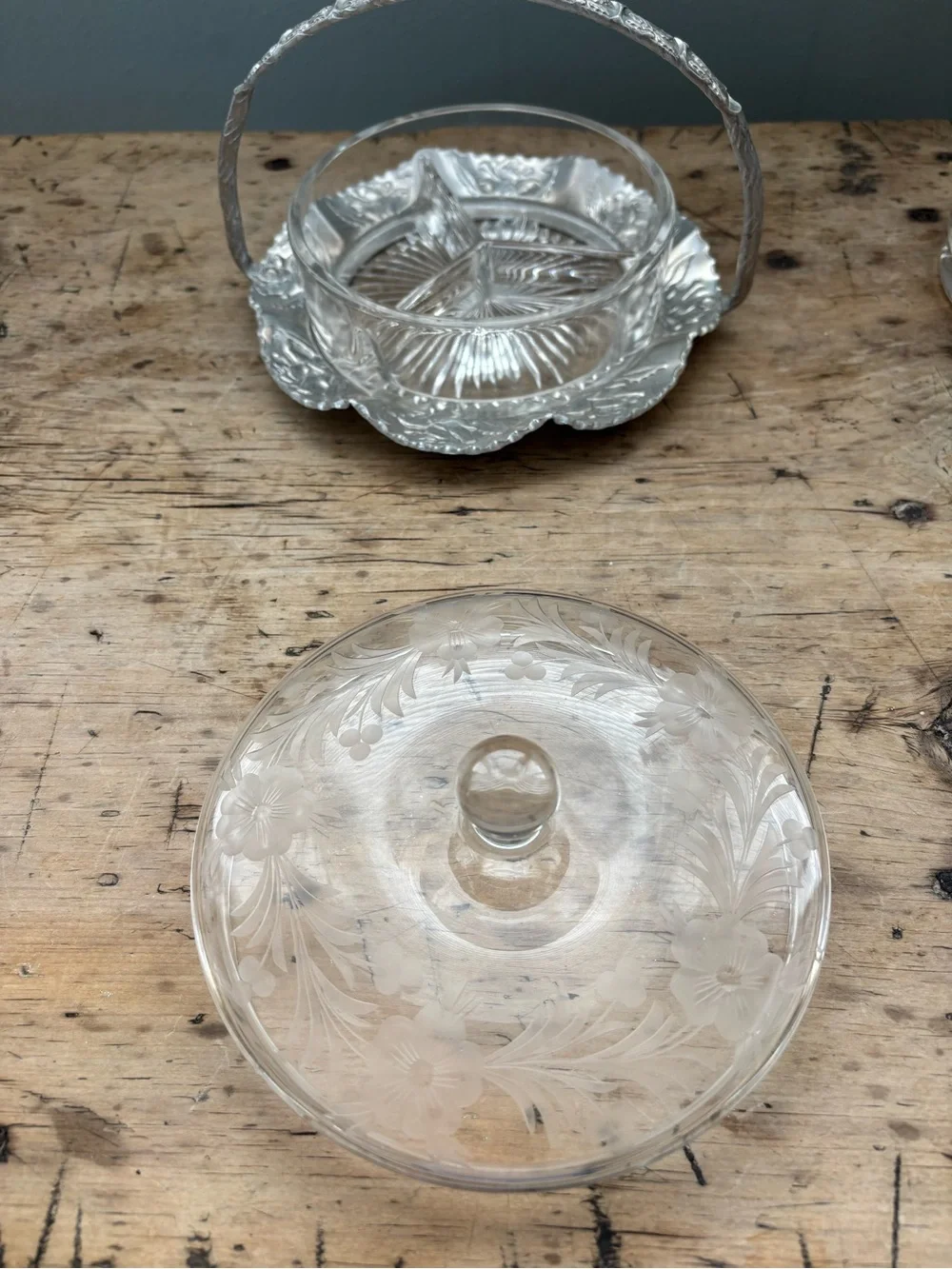 Vintage Hand Wrought Aluminum Handled Basket w/ Clear Etched Glass Covered Dish